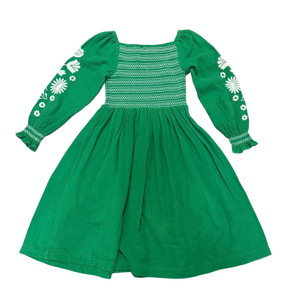Mini Boden Green Embroidered Smocked Gauze Peasant Girls Dress 8-10Y Vacation